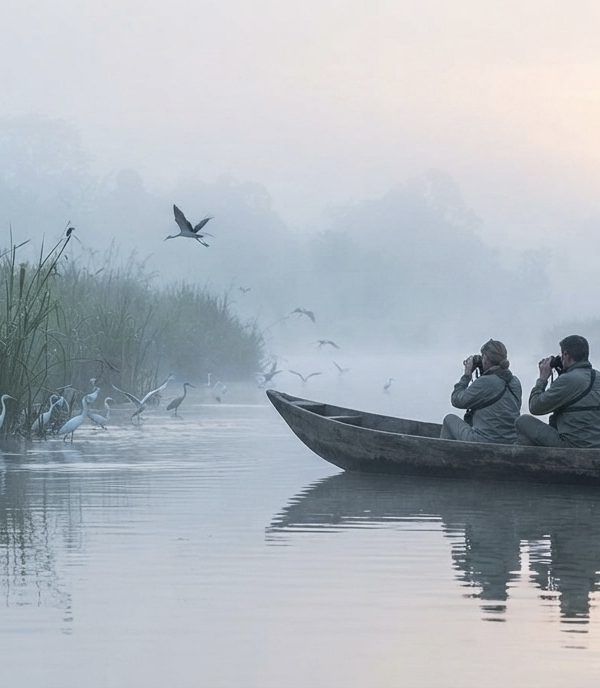 people birdwatching on a boat